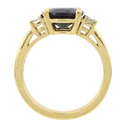 18ct gold sapphire and diamond three stone ring, single oval cut sapphire of approx 3.45 carat, with a round brilliant cut diamond set either side, hallmarked