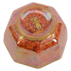 Wedgwood Fairyland lustre bowl octagonal form with mottled orange exterior decorated with gilt animals and blue purple mottled interior, together with Carlton Ware Armand lustre in Flies pattern bottle vase, vase H21cm