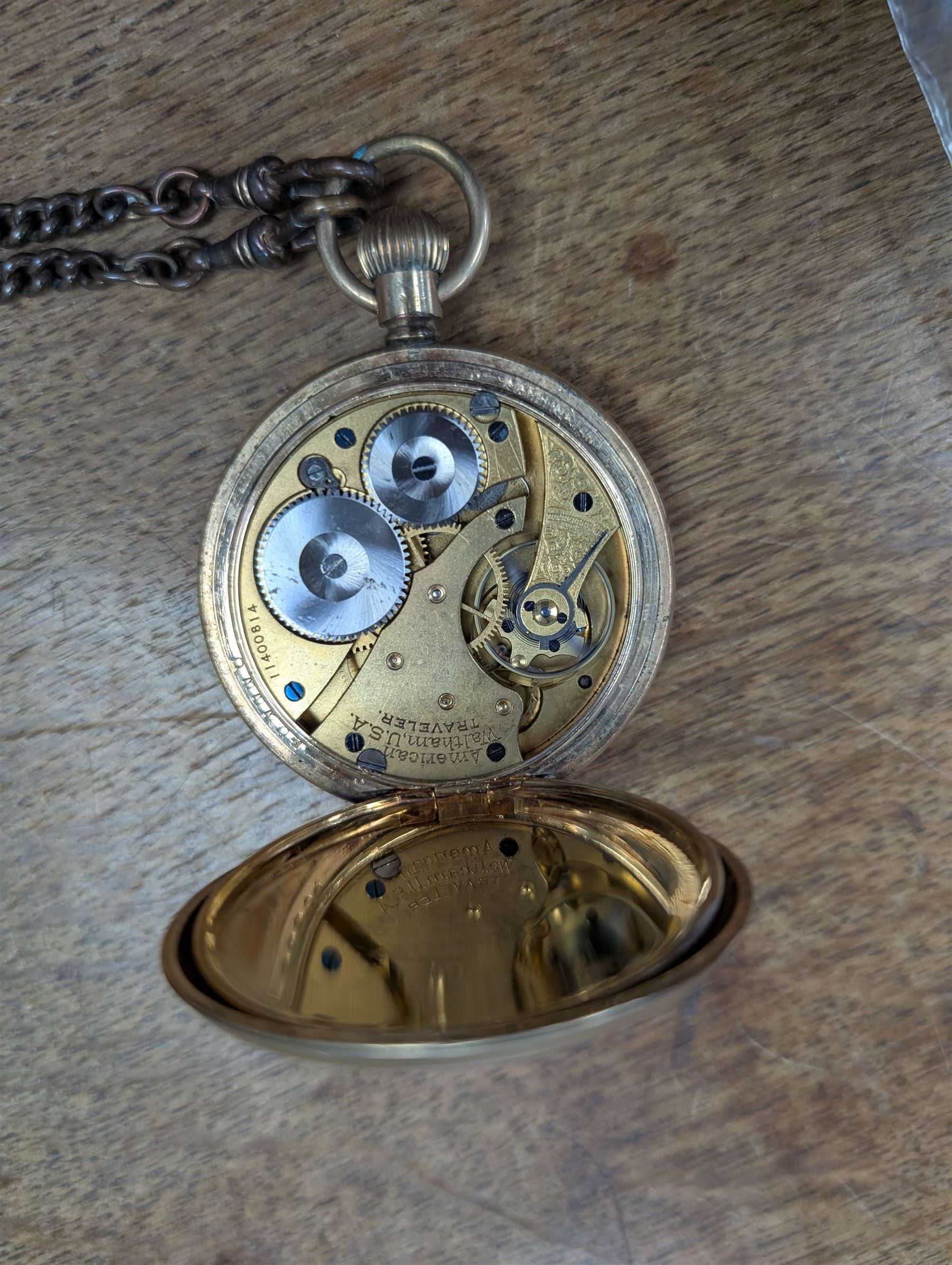 Gold plated Waltham open faced pocket watch, with base metal albert chain and plated bloodstone fob