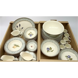 Johnson Bros dinner ware in the Manorwood pattern, comprising eight dinner plates, eight soup bowls, eight fruit bowls, and eight dessert bowls, eight side plates, two sauce boats and stands, two serving bowls, an oval serving plate, six coffee cans and eight saucers, and a cream jug. 
