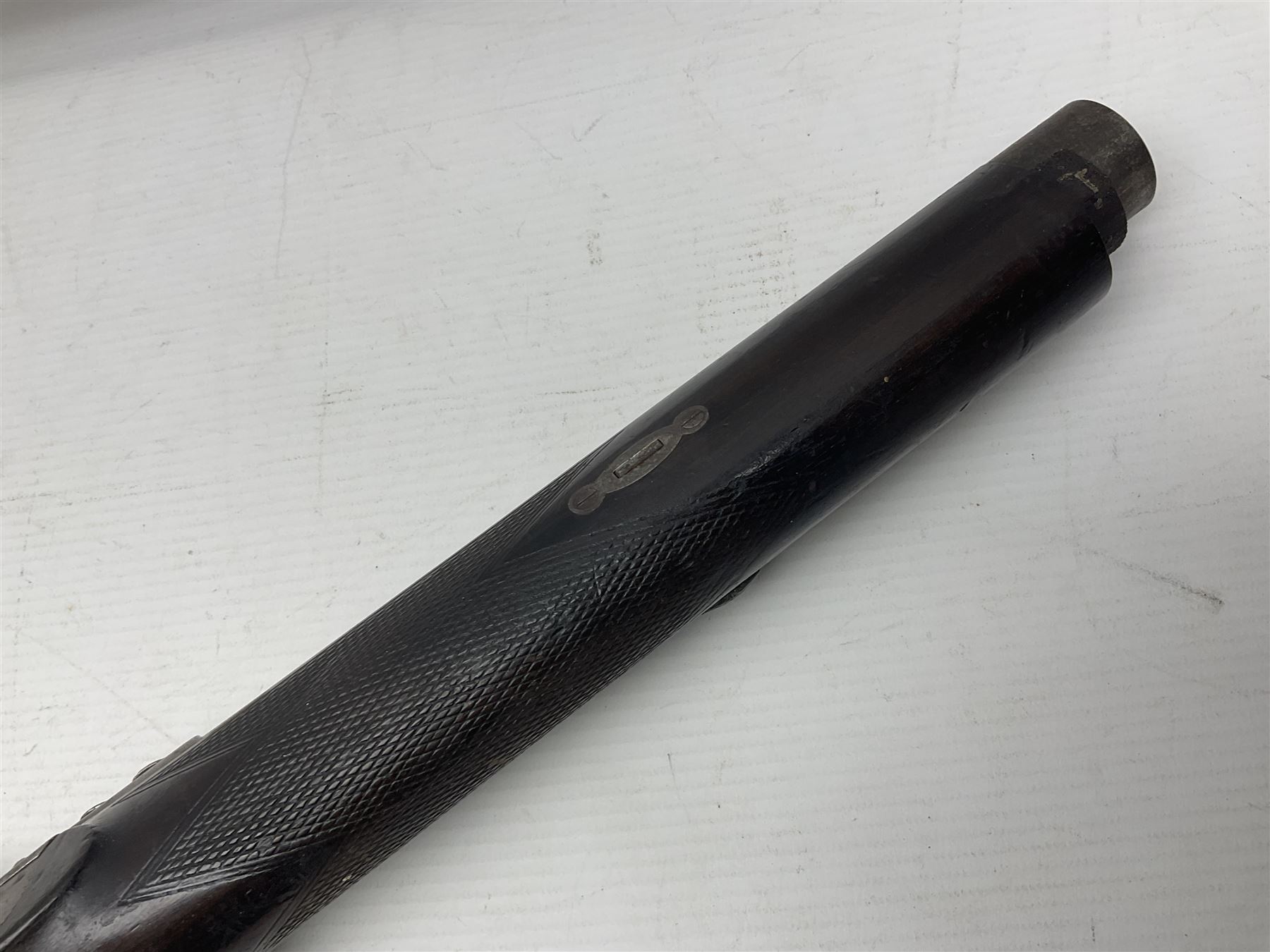 19th century George Gibbs of Bristol .461 cal. muzzle loading percussion match rifle with 28cm cut-down barrel and cut-down stock, Metford type rifling, fitted with additional three folding leaf rear sight to 400yds, back action sight still fitted to tang, maker's name to lock and top of barrel, serial no.439. L46.5cm overall