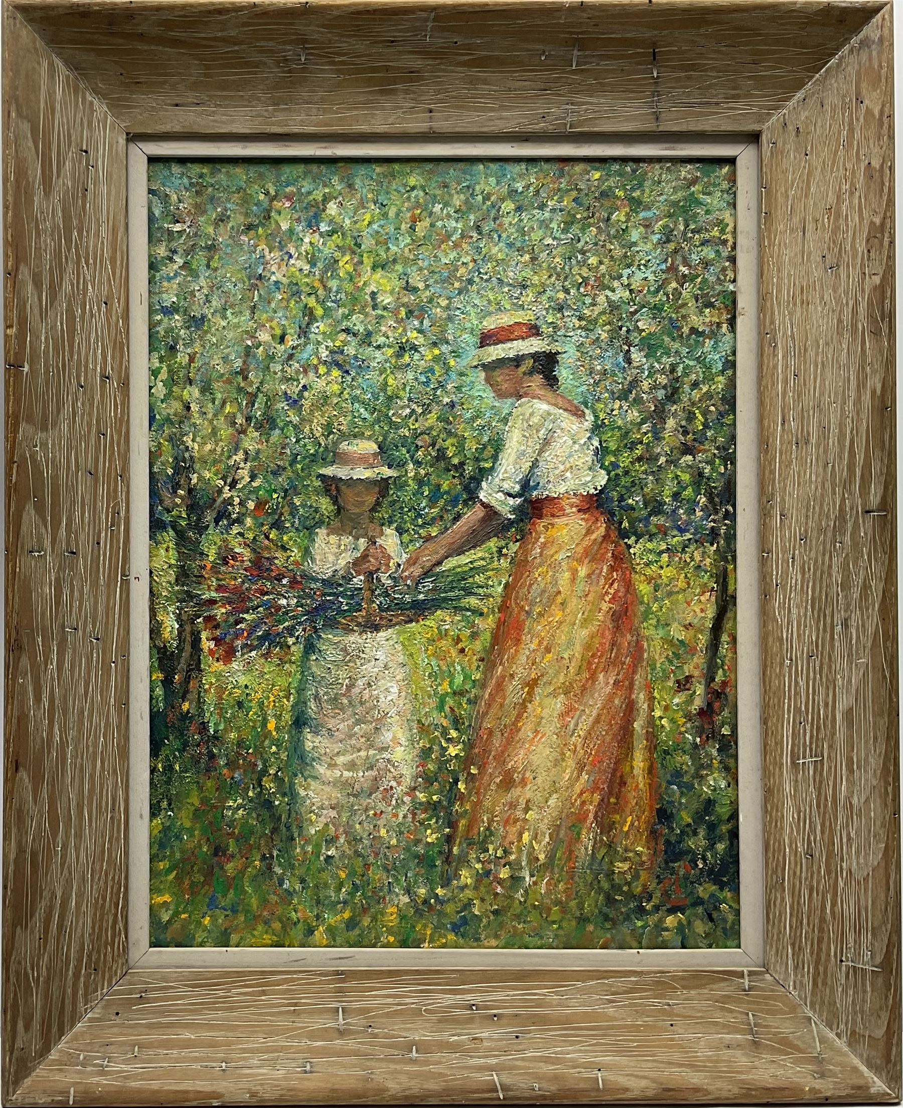 Philip A Corley (Irish/American 1944-): 'Picking Flowers', oil on canvas board signed with monogram 60cm x 45cm