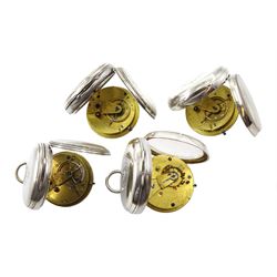 Four Victorian silver open face lever pocket watches, one by W. Hird, Barrow another by J.W. Johnston, Carlisle, two not signed, white enamel dials and a silver dial with Roman numerals and subsidiary and seconds dials, hallmarked (4)