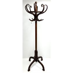 Late 19th/early 20th century bent wood coat stand, series of s-scroll hooks on cluster column with four serpentine supports