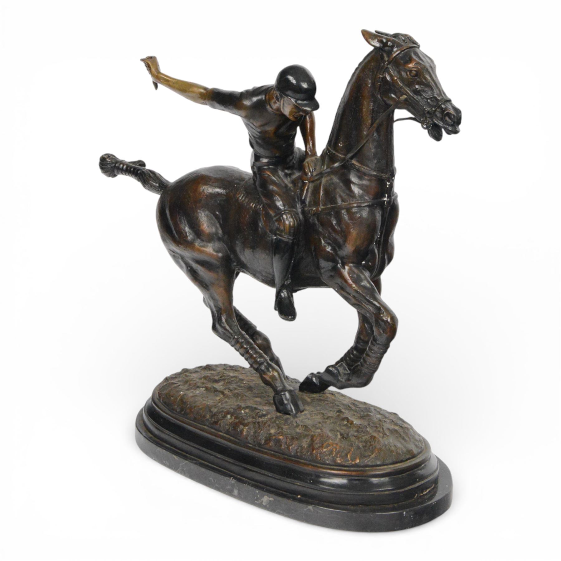 20th century spelter figure of a mounted polo player, upon a marble base, H60cm