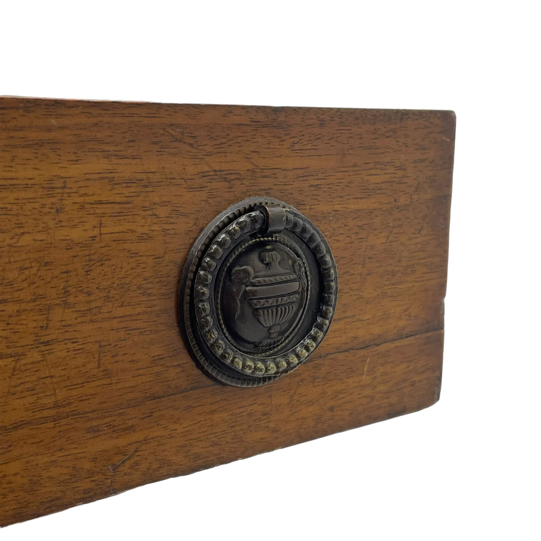 Howard & Sons. - 19th century walnut twin pedestal desk, moulded rectangular top with tooled leather inset, fitted with nine drawers with circular pressed brass handle plates decorated with urns, each drawer fitted with a 'Hobbs, London' lock, on plinth base, the upper right-hand drawer stamped 'Howard & Sons, Berners St.' and with paper label