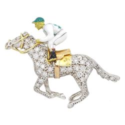 18ct gold diamond and enamel jockey brooch by Alabaster & Wilson, the galloping racehorse with pave set single cut diamonds, the jockey with green and white star colours, Birmingham 2004