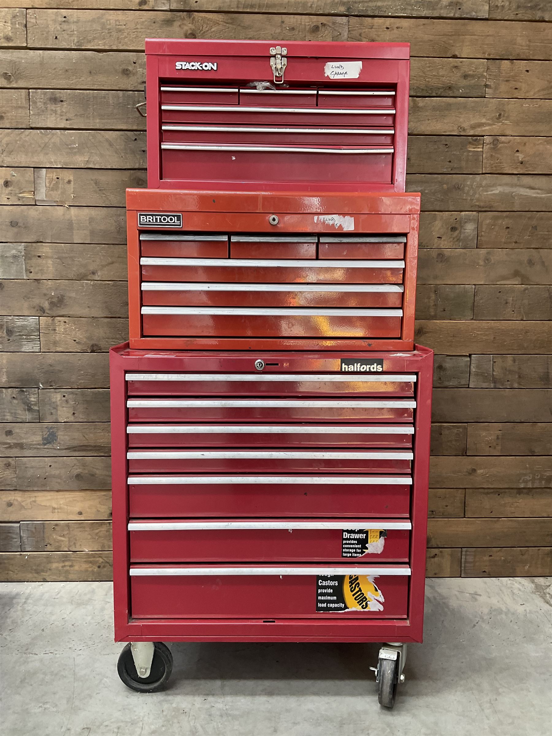 Britool, Halfords and Stack-on red tool chests with contents