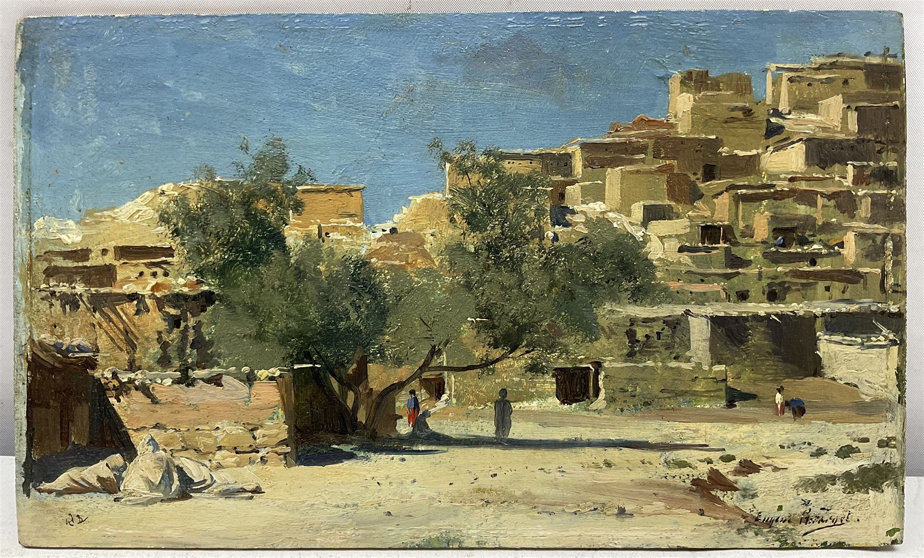 Eugène Alexis Girardet (French 1853-1907): Desert Town, oil on panel signed, indistinctly titled and dated 1877 verso 14cm x 23.5cm