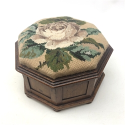  Victorian mahogany octagonal footstool with upholstered hinged top on bun feet, W27cm   