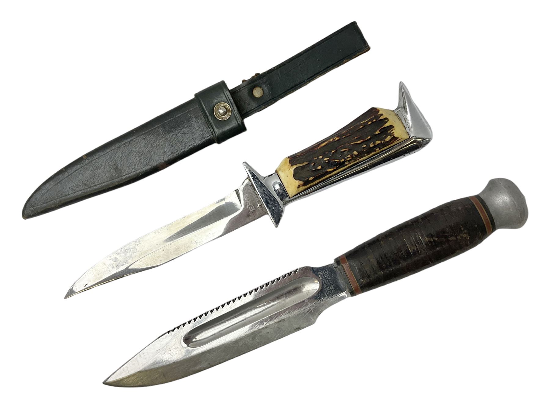 German ERN Wald-Solingen Art Deco style hunting knife with 13cm Bowie type blade and chrome fittings with antler grip; in leather sheath L24.5cm overall; and Bianchi Rastignano Aeronautica Militare combat knife with 15.5cm Bowie type saw-back blade and stacked leather grip (2)