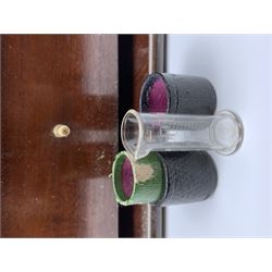 19th century mahogany travelling apothecary cabinet, with recessed brass carry handle to top, and two deep-section hinged doors to the front opening to reveal a fitted interior with clear glass bottles and two drawers, H27cm