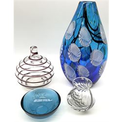 Three pieces of glass: Orrefors, Whitefriars and Murano
Large blue glass vase of tapered form, together with Orrefors blue glass Fuga bowl, Whitefriars style spherical form glass vase, with spiralled decoration and another glass vase with trumpet neck