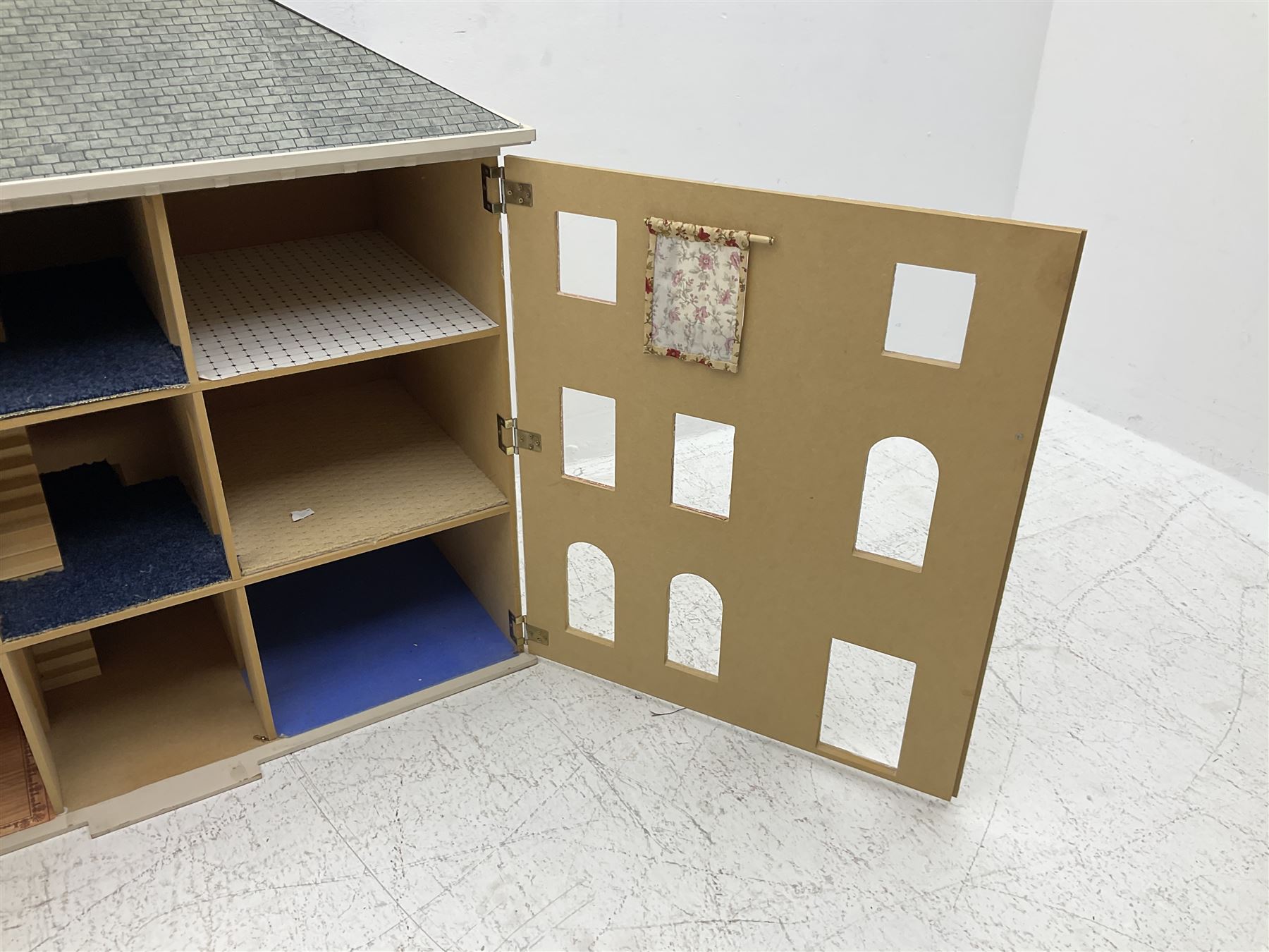 Georgian style paper lined wooden dolls house, three storey with wooden and plastic accessories and window fixtures, H90cm, W96cm, D52cm