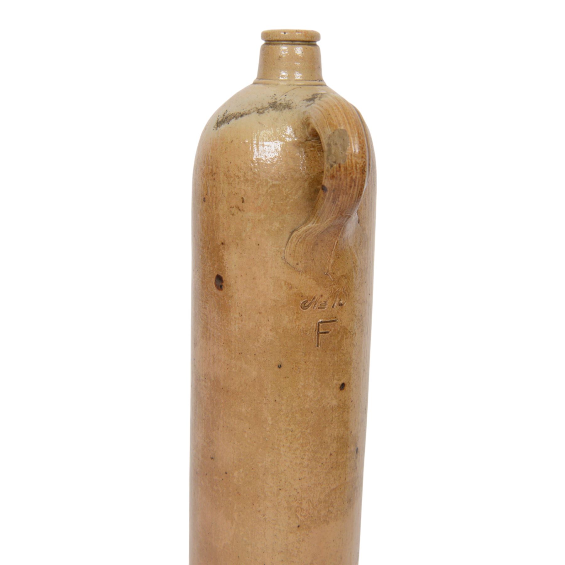 British, a stoneware jug and cover in the manner of Richard Batterham, together with two  stoneware gin flagons 