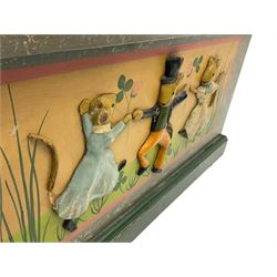 Painted wooden toy box on castors 