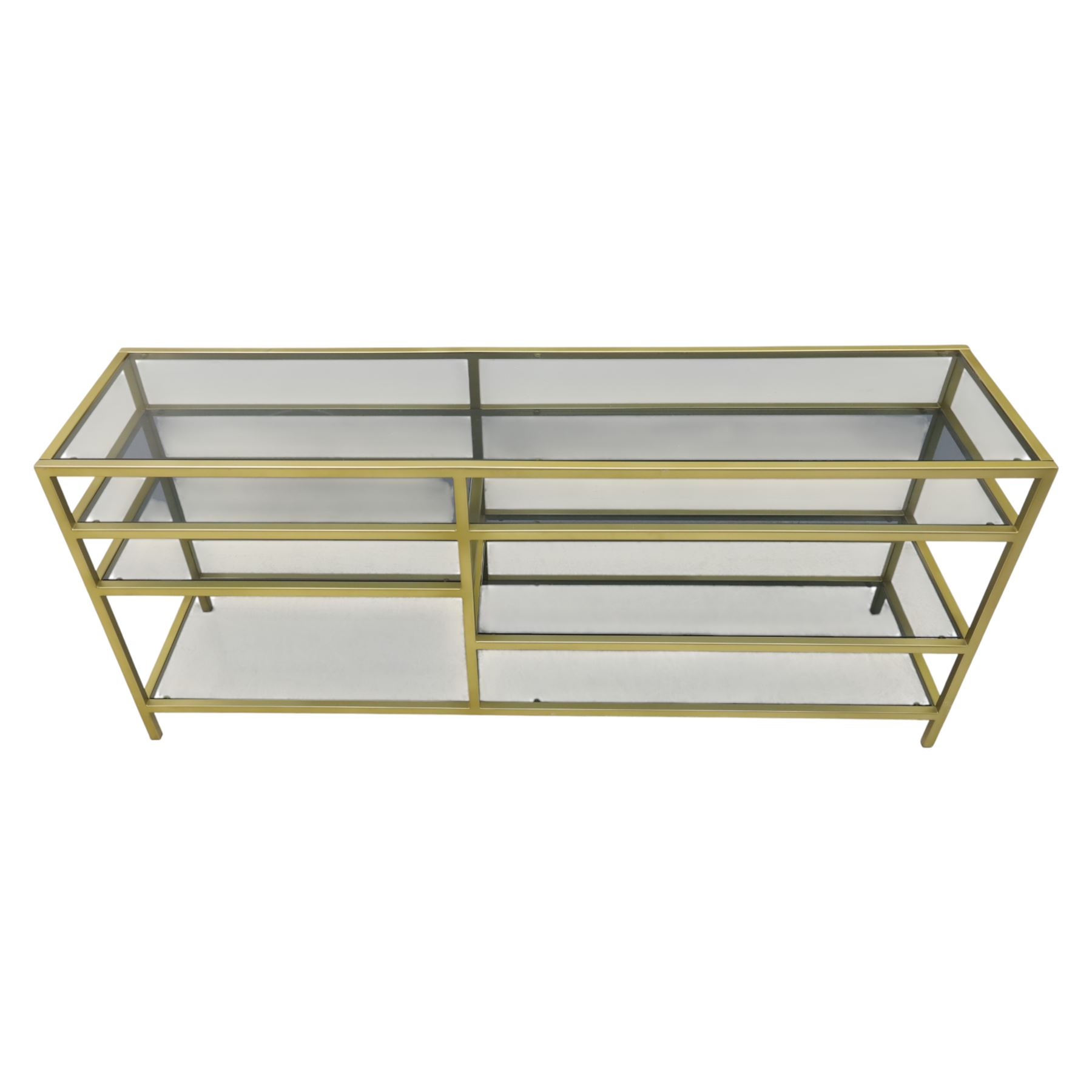 Modern glass and gilt metal media stand, rectangular smoked glass top panel set within a gilt finished metal surround, raised on square section legs, the underside fitted with a full-width glass shelf