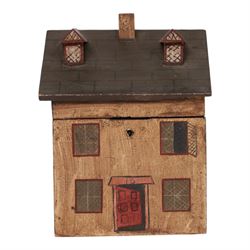 Wooden box in the form of a house, with hand painted details, H23cm