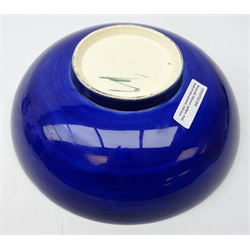  Moorcroft Hibiscus pattern fruit bowl on blue ground, blue signature and impressed marks to base, D26.5cm   