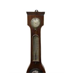 19th century  - mahogany five glass wheel barometer, with an 8” silvered dial and cast brass bezel, flat topped pediment and round base, with hydrometer, spirit thermometer, butlers mirror and level bubble, syphon tube and counterweights intact, mercury present.