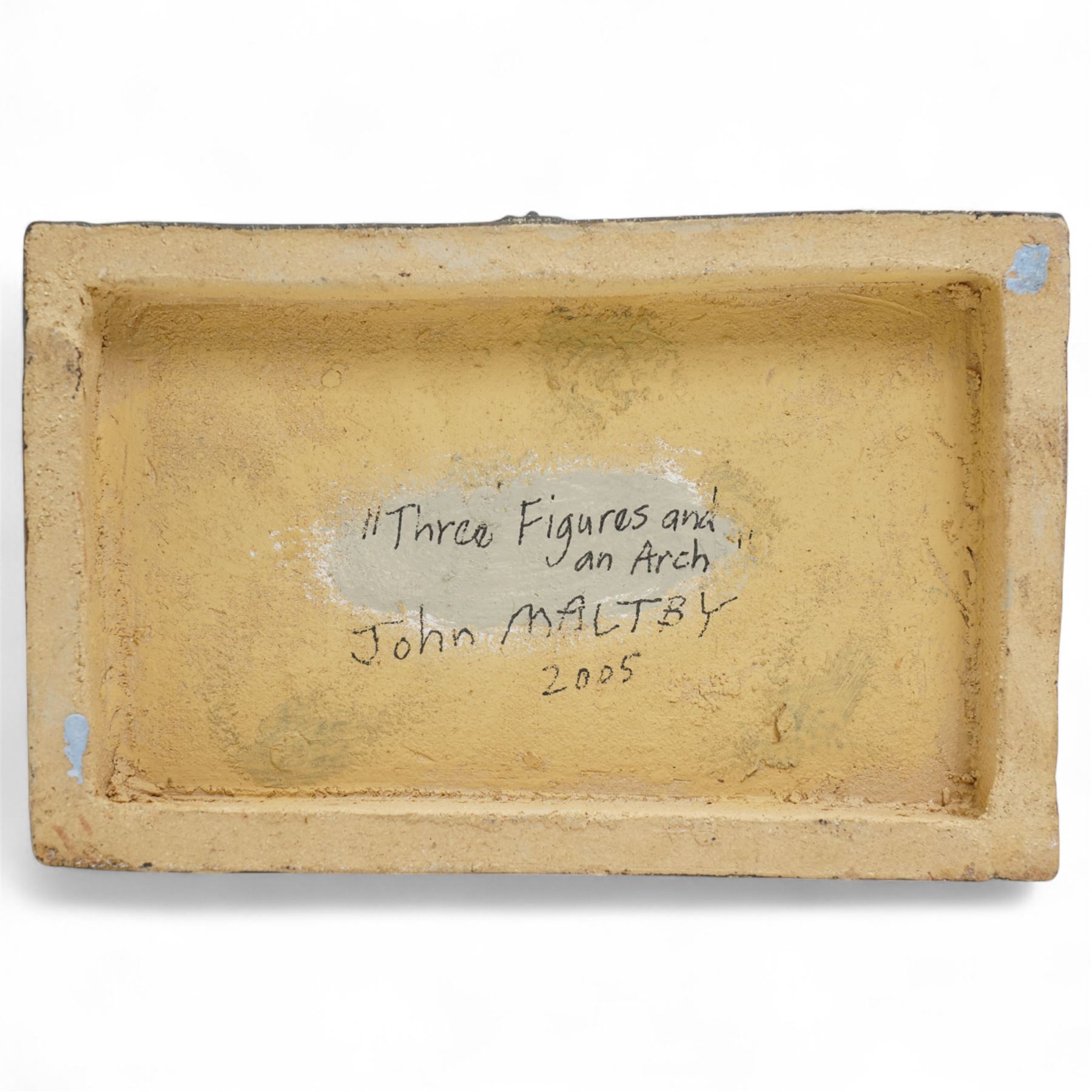 John Maltby (British 1936-2020): 'Three Figures and Archway', figural stoneware sculpture, signed titled and dated 2005 to base, impressed mark to front of base, W19cm H22cm