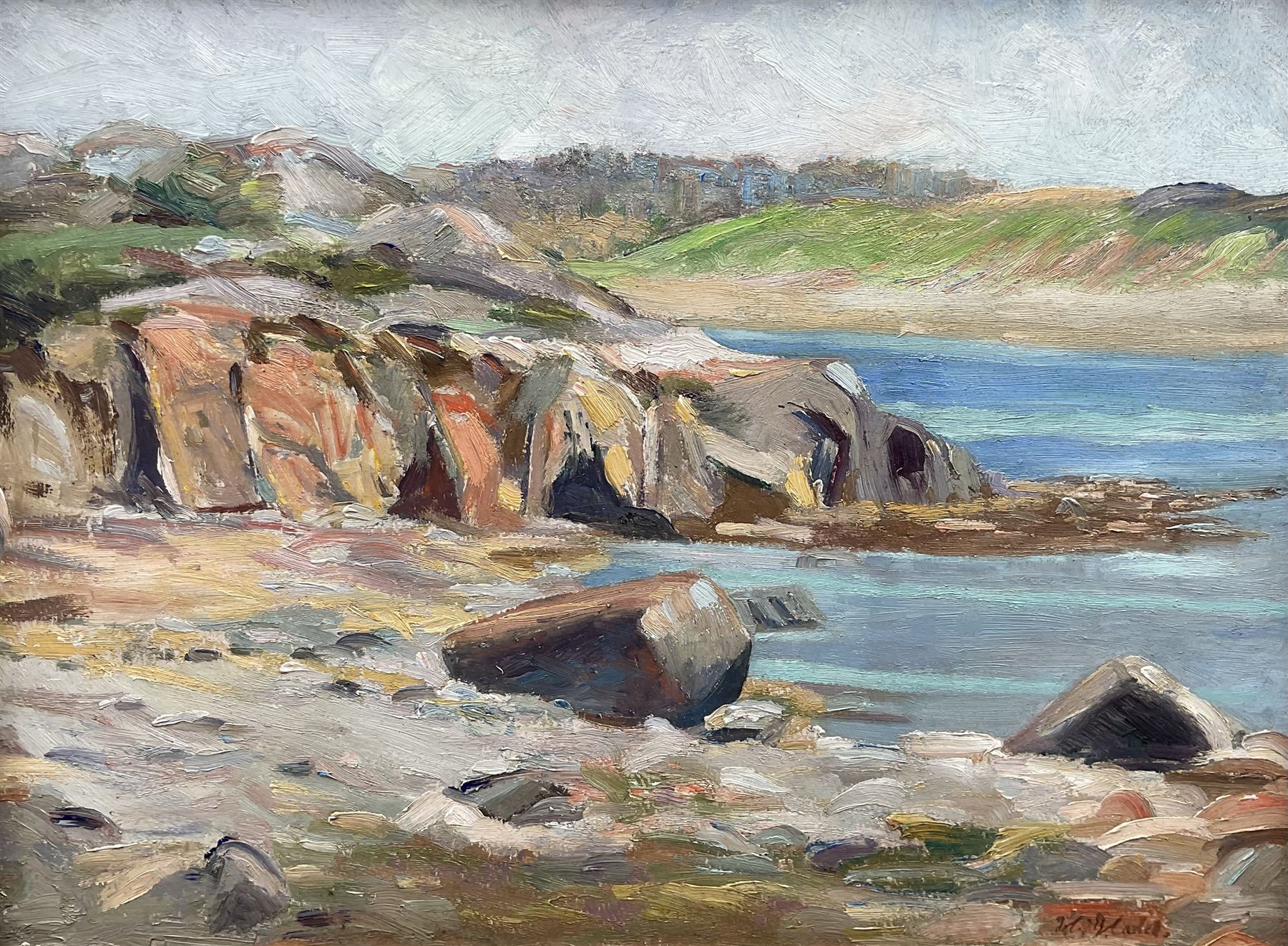 Circle of Francis Campbell Boileau Cadell (Scottish 1883-1937): 'Iona' Coastal Scene, oil on board bears signature, titled verso 29cm x 39cm