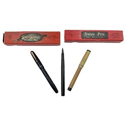 Three Swan Mabie Todd & Co fountain pens, to include lever-filling fountain pen, with ivorine barrel and cap and 14ct gold nib, in original box, a self-filling fountain pen, with navy barrel and cap and 14ct gold nib and one other
