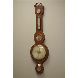  19th century osewood wheel barometer with thermometer, swan neck pediment and four silver dials with mirror, signed Stainland Malton, H97cm  