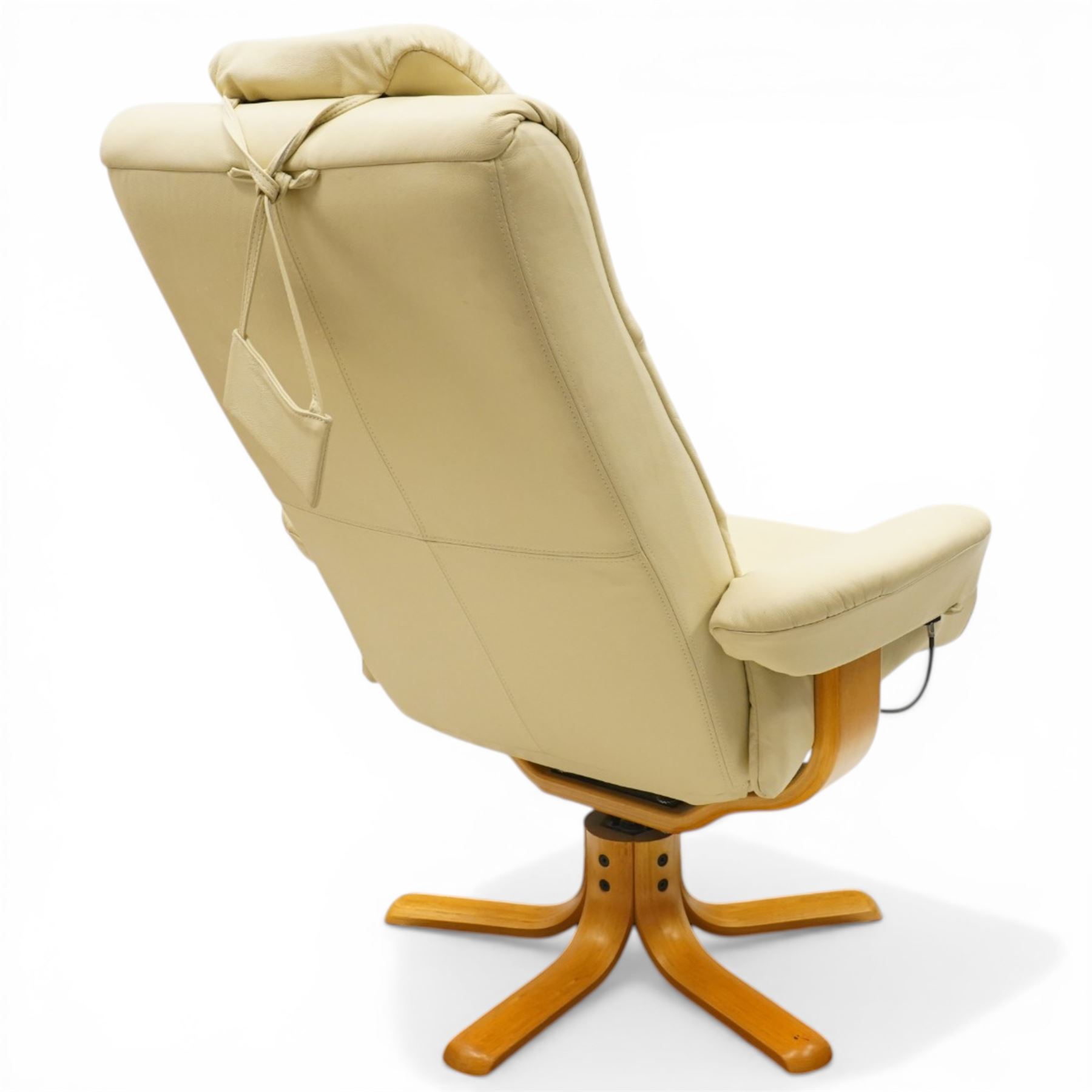 Modern cream leather swivel recliner, with cable operated switch to recline, raised on light bentwood frame
