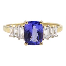 9ct gold cushion cut tanzanite and baguette cut white zircon ring, hallmarked 