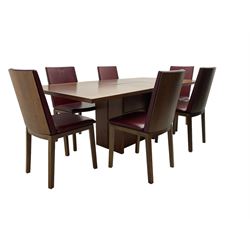 Skovby - Danish teak extending dining table, rectangular top on pedestal base (W146cm D99cm H92cm); Skovby - set six Danish stained beech dining chairs, back and seat upholstered in oxblood faux leather (W47cm H90cm)