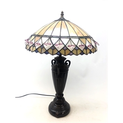  Tiffany style table lamp on urn shaped base with leaded glass and beaded shade, H72cm  