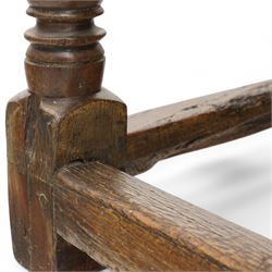 Charles I rectangular joined oak and elm refectory table, the frieze carved with repeated arch motifs, pearwood top above four turned supports united by horizontal stretcher, first half 17th century
Provenance: Purchased from Thorpe & Foster of Dorking in 1971
