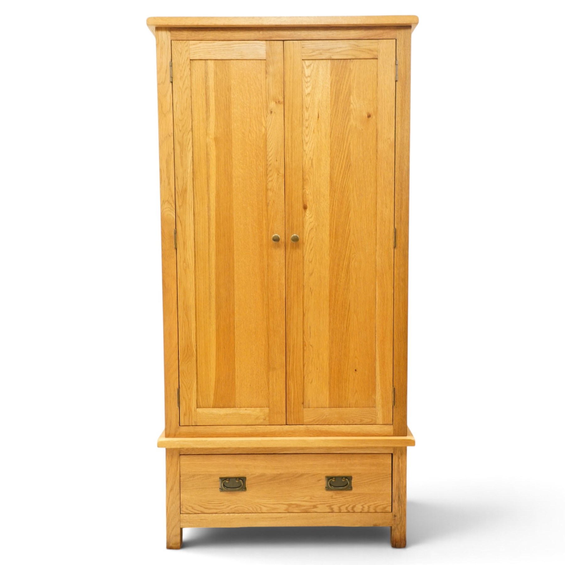 Contemporary light oak double wardrobe, fitted with two panelled cupboards over single drawer