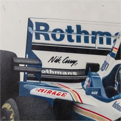 Four Formula 1 racing prints by Nik Curry, all within black frames, largest H38cm, W58cm