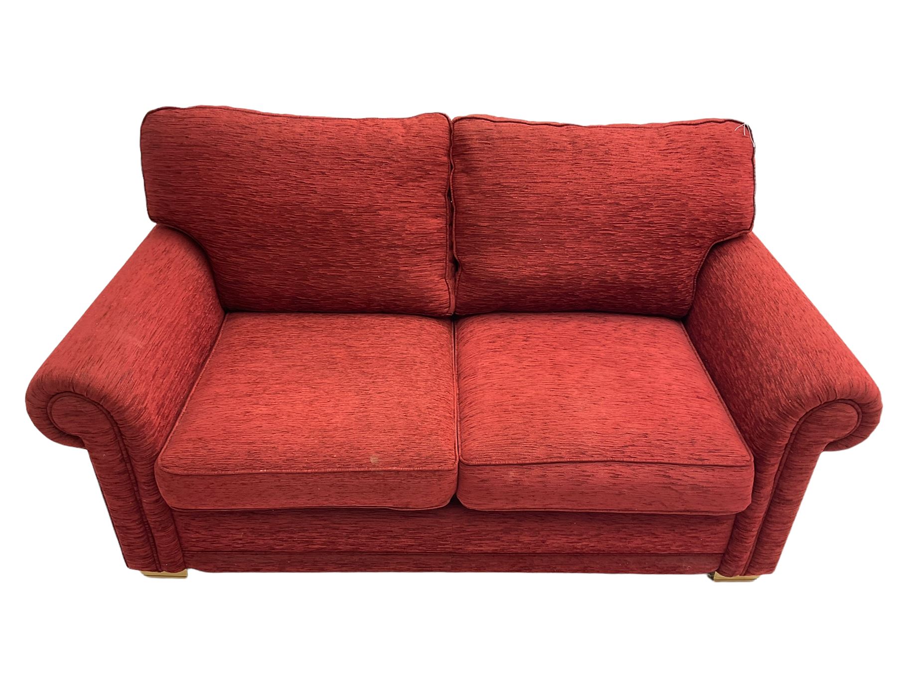 Two seat metal actions sofa bed upholstered in red cover