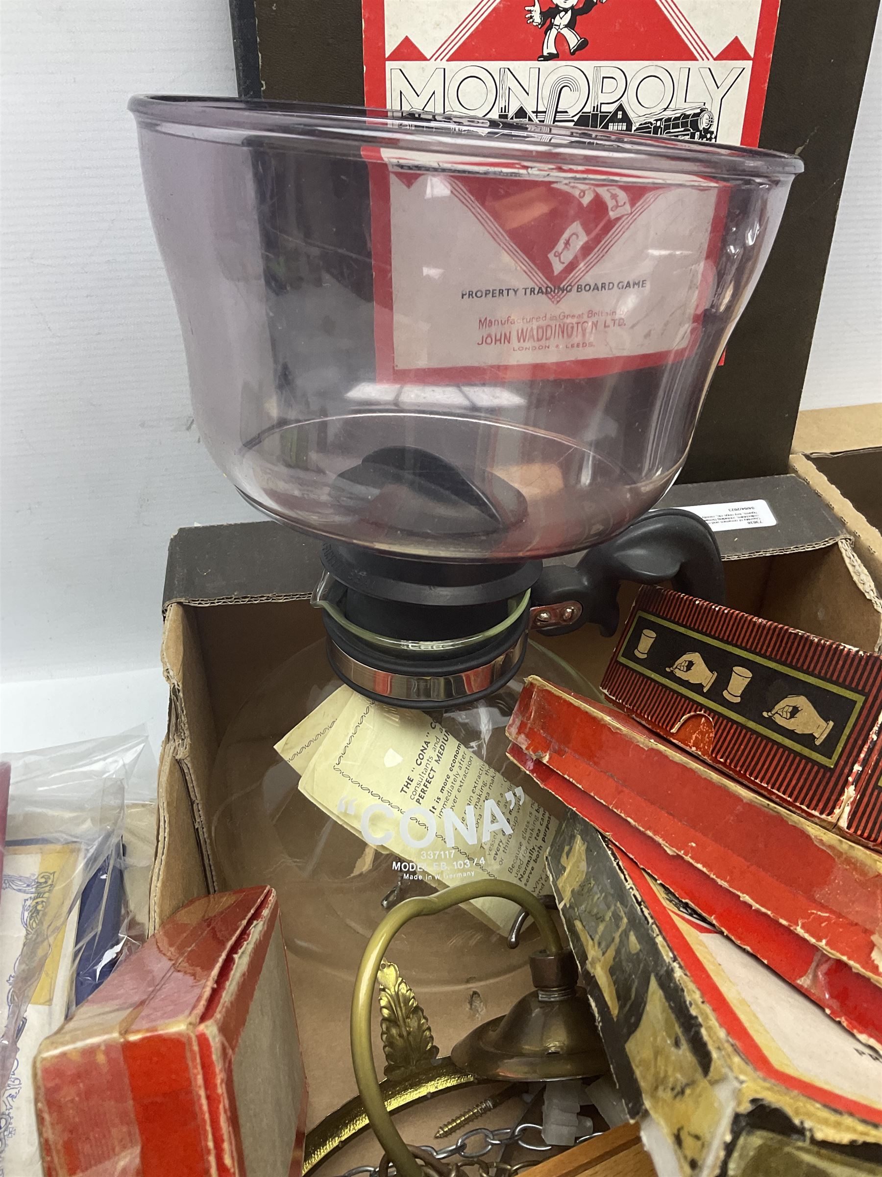 Piquot ware tea set, together with brass candlesticks, fireside tools and other collectables, in two boxes  