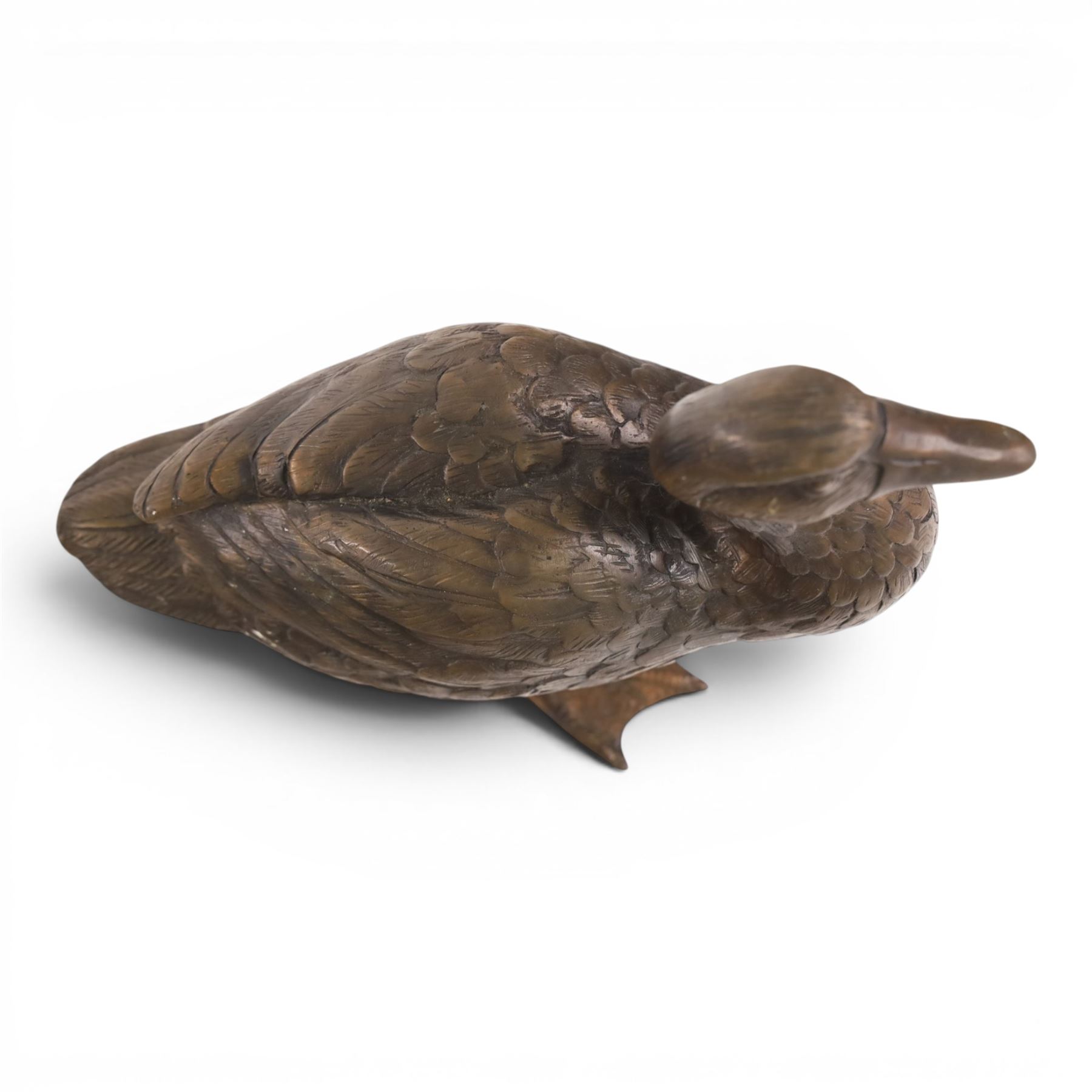 Bronzed figure of a seated hare, together with figure of a duck, hare H31cm 