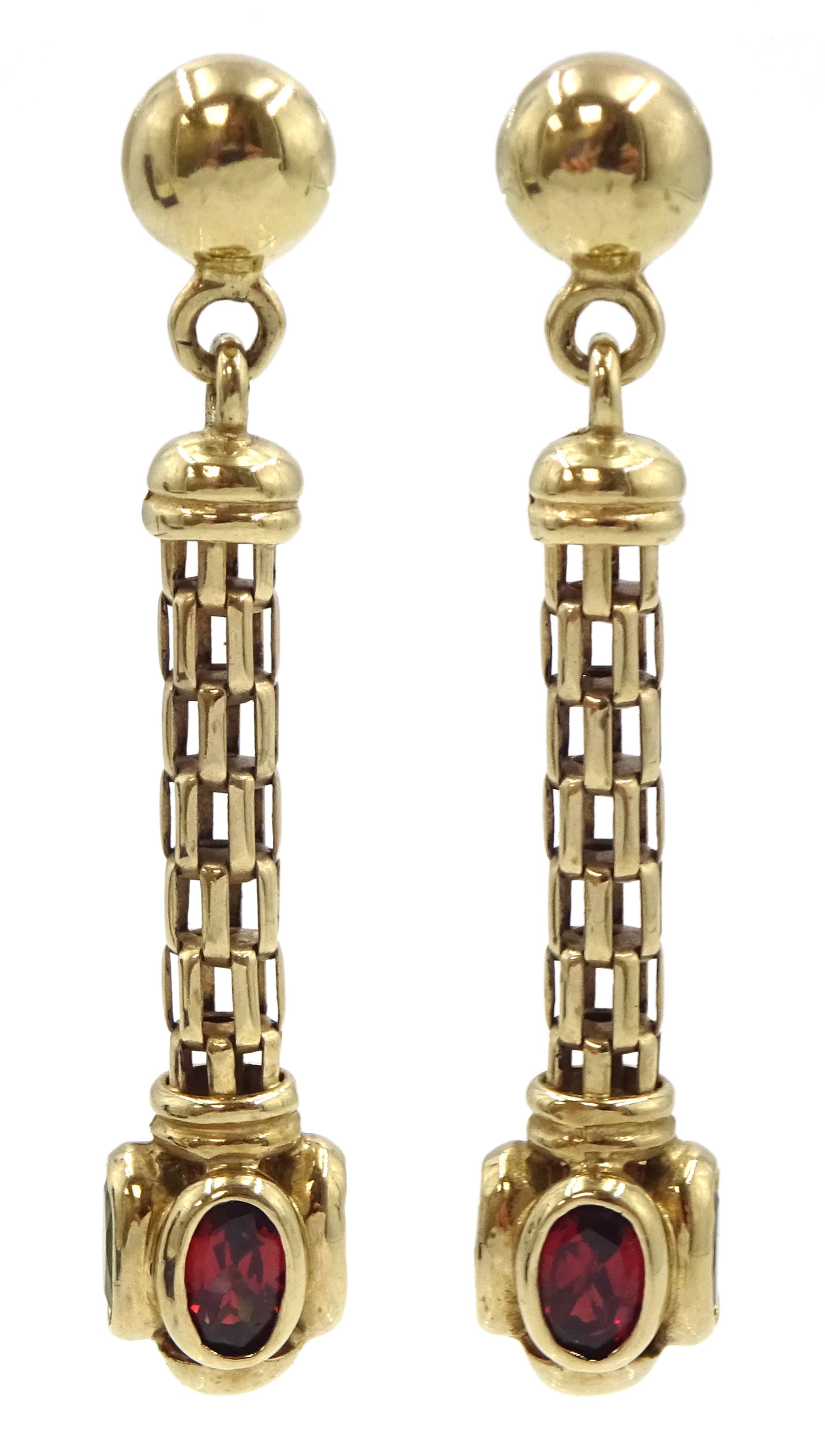 Pair of 9ct gold garnet, peridot and topaz pendant stud earrings, hallmarked 