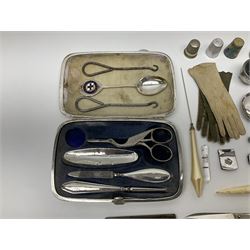 Pair of Wedgewood jasperware unicorn cufflinks, silver handled part manicure set, enamel flip notebook, dolls leather gloves, Stratton compact, and a collection of sewing accessories including thimbles, button hooks, thimble holder, scissors etc 