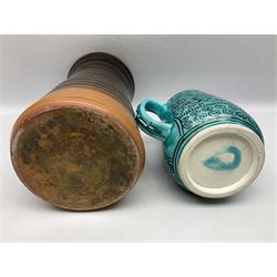 Studio pottery toast rack modelled with sheep, Babbacombe pottery study of a recumbent cat, Japanese vase decorated with warriors, cloisonné, studio pottery vase, German lidded stein etc