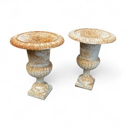 Pair of Victorian design painted cast iron garden urns, egg and dart rim, tapering column on pedestal base