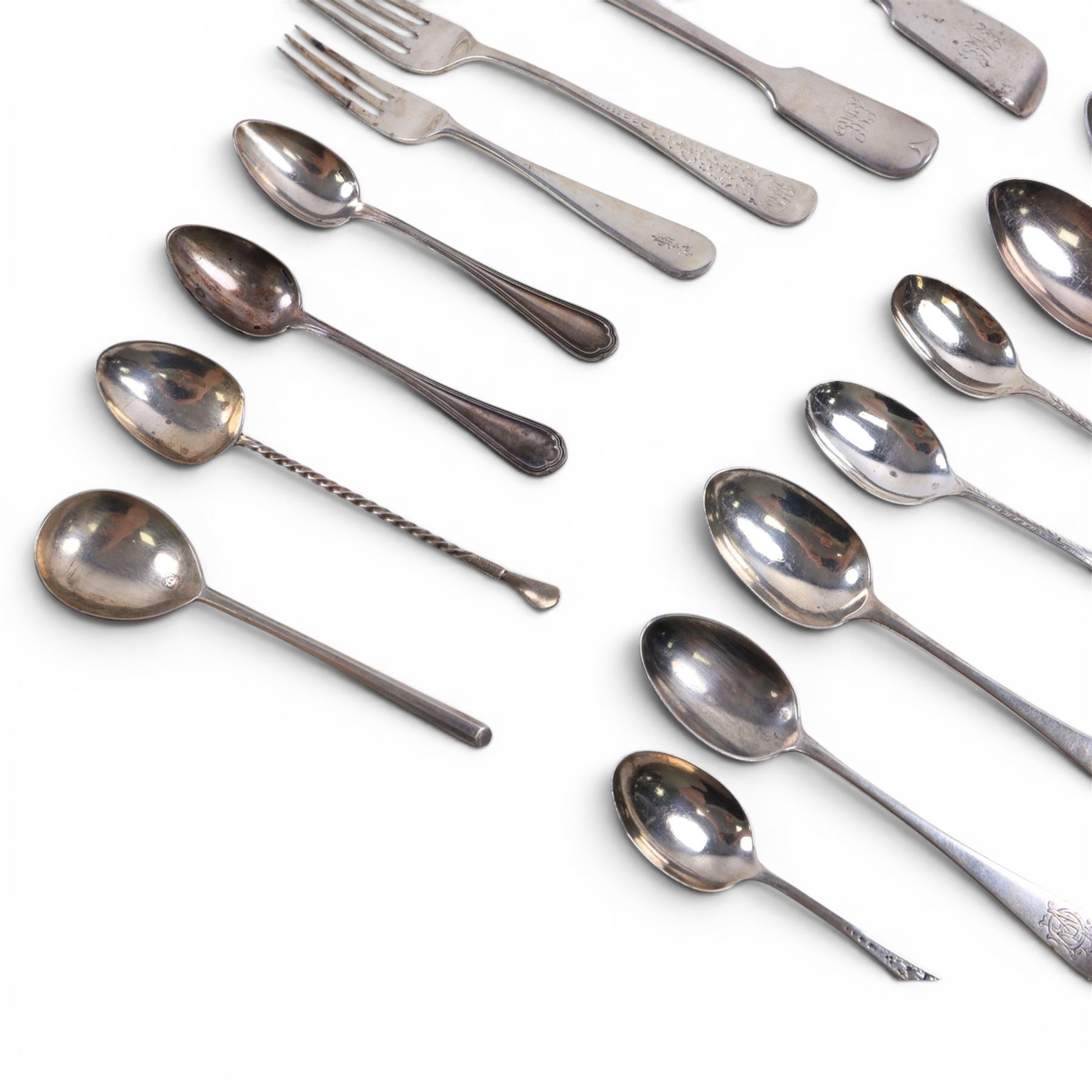 Collection of Victorian and later silver flatware, all hallmarked and four silver wirework napkin rings 