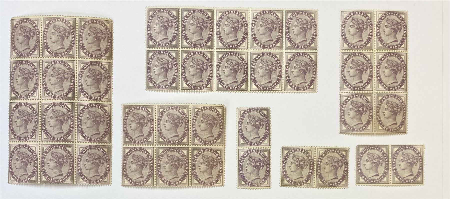 Great Britain Queen Victoria 1881 one penny lilac stamps, comprising horizontal block of ten, vertical block of twelve, horizontal block of six, vertical block of six, two horizontal pairs and a vertical pair, all unused, no obvious signs of having been mounted