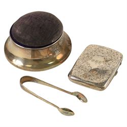 Early 20th century silver mounted combination pin cushion and box, silver cigarette case a...
