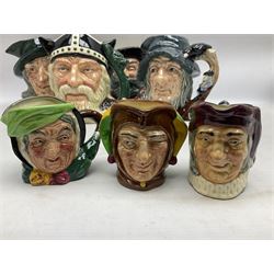 Seven Royal Doulton character jugs, comprising Viking D6496, Falstaff, Pied Piper, Rip Van Winkle D6438 and three smaller including jester example
