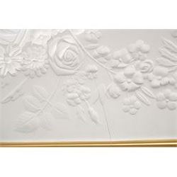 Marcel Wanders for Flos - pair of 'Skygarden S2' suspension lights, the monumental gilt domed shades concealing richly modelled white plaster interiors of Baroque-inspired floral and foliate ornament, with a large moulded central ceiling rose comprised of acanthi and extending ribbon festoons