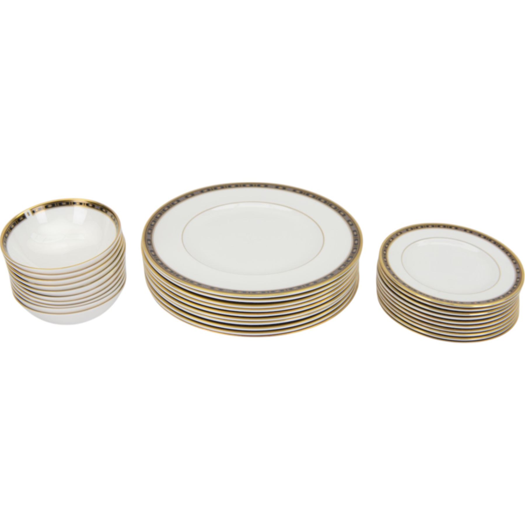 Royal Doulton Monaco pattern tea and dinner service for eight place settings, comprising teapot, cups and saucers, small bowls, side plates, dinner plates, milk jug and sugar bowl