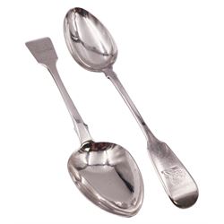 William IV silver Fiddle pattern table spoon, hallmarked Lewis Samuel, London 1832, together with a Victorian example, hallmarked London 1847, makers mark indistinct, each approximately L22.5cm, approximate total weight 5.11 ozt (159 grams)