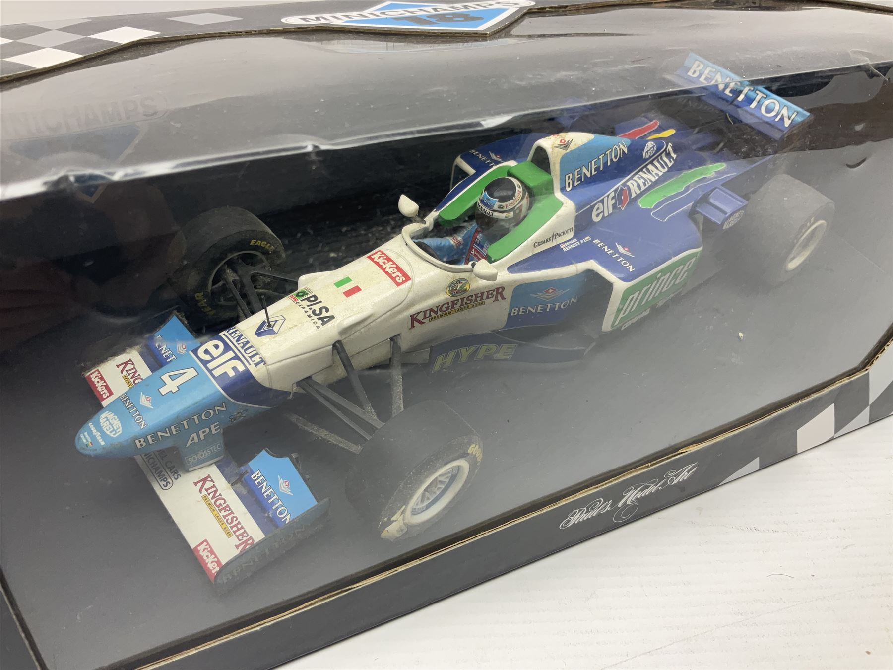 Three Minichamps '18' 1:18 scale die-cast racing cars - Jordan Peugeot 196 1996 R. Barrichello; Benetton Renault B196 G. Berger; and Williams Renault FW18 D. Hill; all boxed (3)